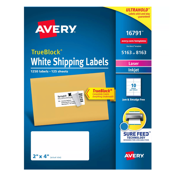 Avery 5163/8163 TrueBlock Shipping Labels, 2 x 4", 1250 Labels