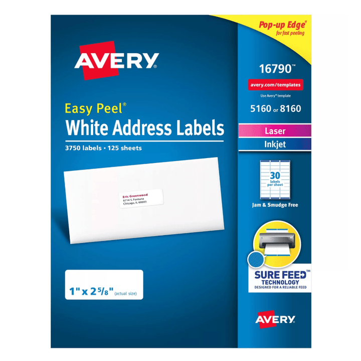 Avery Easy Peel Address Labels, Sure Feed Technology, Permanent Adhesive, 1" x 2-5/8", 3750 Labels
