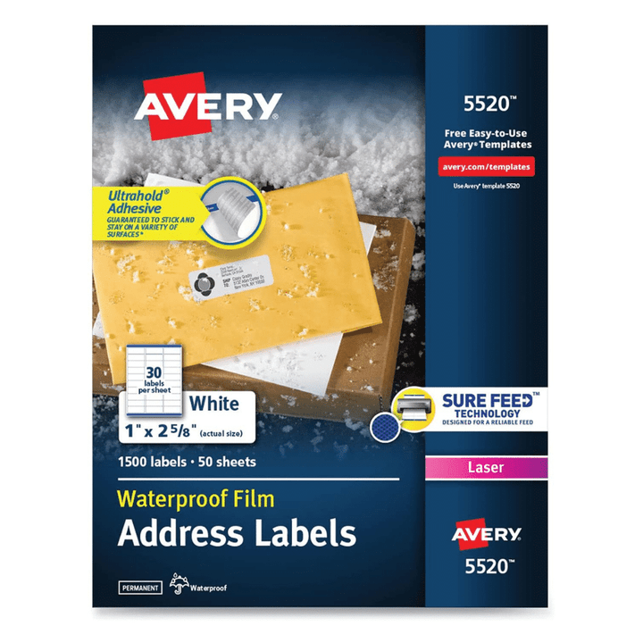 [SET OF 2] - Avery Waterproof Address Labels with TrueBlock and Sure Feed, Laser Printers, 1 x 2.63, White, 30/Sheet, 50 Sheets/Pack