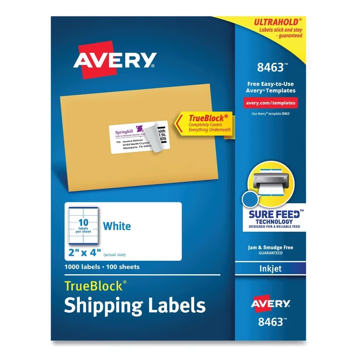 [SET OF 2] - Avery Shipping Labels w/ TrueBlock Technology, Inkjet Printers, 2 x 4, White, 10/Sheet, 100 Sheets/Box