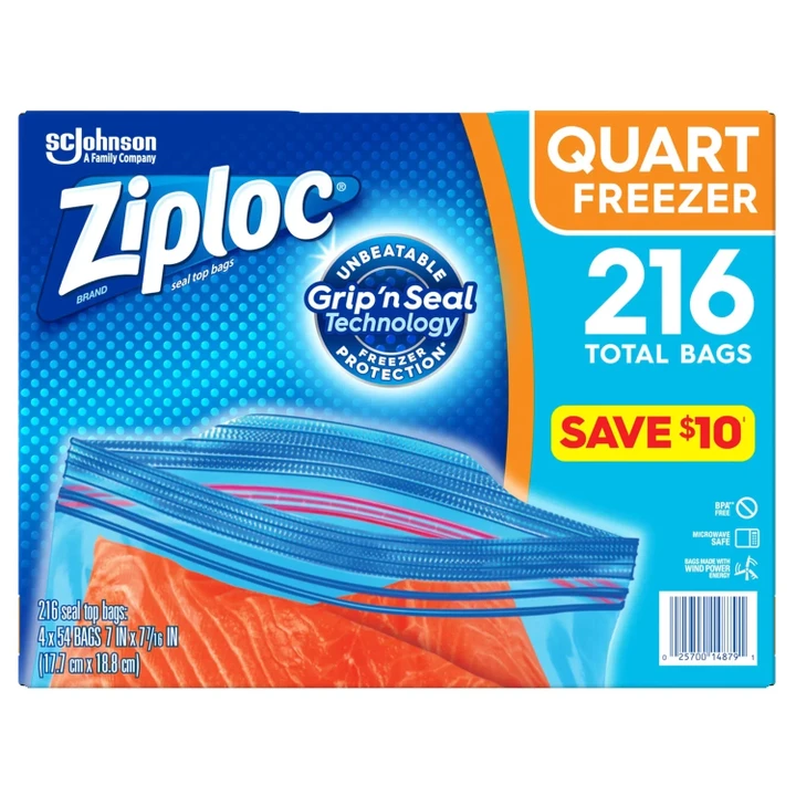 [SET OF 3] - Ziploc Easy Open Tabs Freezer Quart Bags (216 ct.)