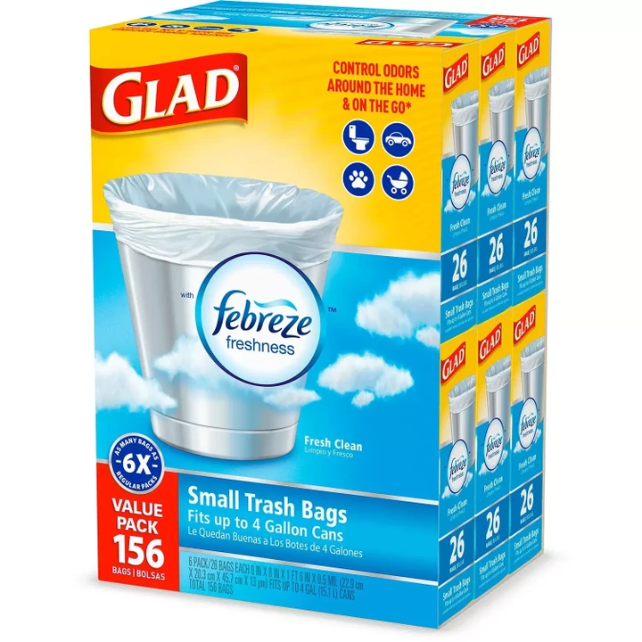 [SET OF 3] - Glad Small Twist-Tie White Trash Bags, Fresh Clean Scent With Febreze Freshness (4 gal., 156 ct./pk.) Pack Of 3