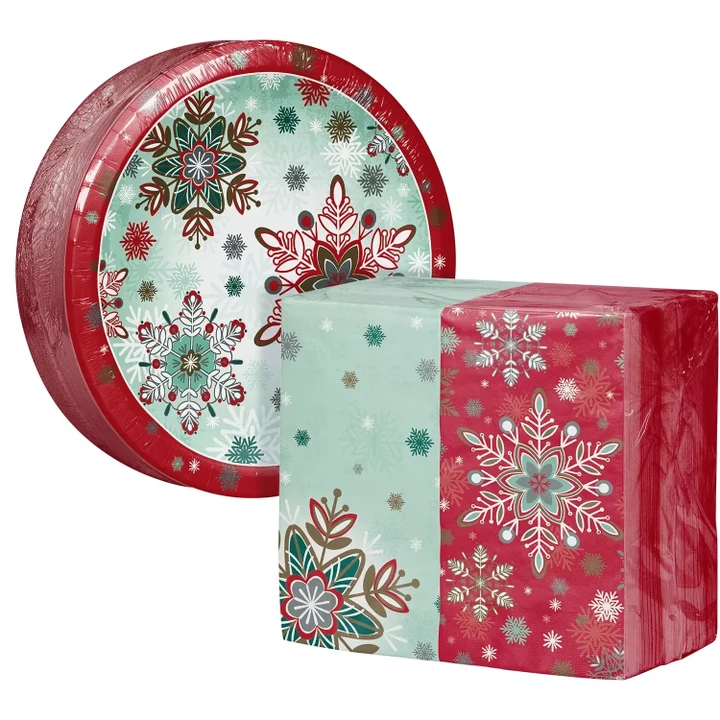 [SET OF 4] - Artstyle Festive Snowflakes Paper Plates and Dinner Napkins Kit (240 ct./pk)