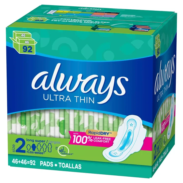 [SET OF 2] - Always Ultra Thin Pads Size 2 Super Long Absorbency Unscented with Wings (92 ct./pk.)