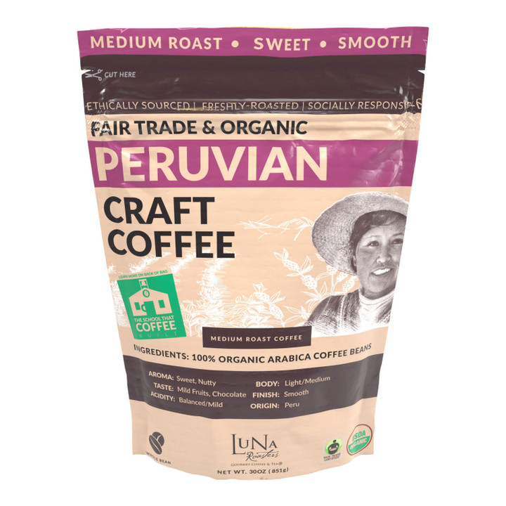 [SET OF 3] - Luna Roasters Fair Trade Organic Peruvian Craft Whole Bean Coffee, Medium Roast (30 oz./pk.)