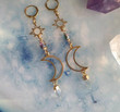 Celestial Mystical Moon Earrings / Quartz Crystal/Brass Huggie Hoops/boho Wedding/Celestial Metaphysical Jewelry/Boho Bohemian Drop Jewelry