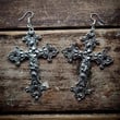 Goth Large Detailed Floral Cross Earrings/Witchy Alternative Goth/Silver Drop Set Halloween Rock Statement Jewelry/Gorgeous Vintage Earrings