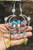 Aquamarine Blue Mushrooms Earrings/Crescent Moons/Fairy Elf Statement witch Earrings/fairy Earrings/Boho Earrings/Witchy Statement Earrings