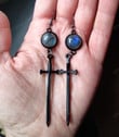 New Gothic Labradorite Earrings, Long Black Sword Earrings, Witchy Mystical Earrings, Witchcraft Jewelry, Galaxy Crystal Earrings