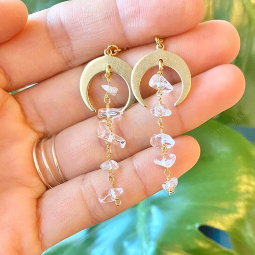 Witchy Sun & Quartz & Moon Earrings with Crystal Chip Drop, Raw Clear Quartz Amethyst Quartz Crystal Earrings Stacked Stone Bohemian Style