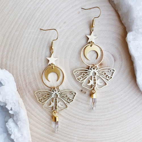 The gold plated moon moth earring/Celestial Metaphysical Jewelry/Waterfall Boho Witchy statement earrings/Boho Hippie Bohemian Drop Jewelry