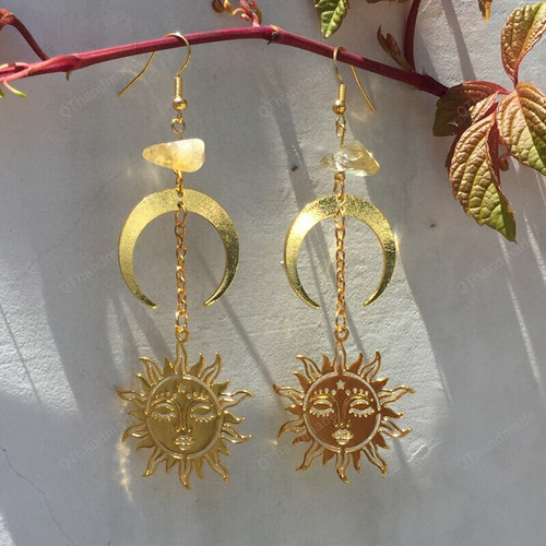 Sun and Moon Citrine Dangle Earrings, Citrine Earrings, Citrine, Crystal Earrings, Boho Earrings, Witchy Gifts,Celestial Metaphysical Jewelry/Waterfall Boho Witchy statement earrings/Boho Bohemian Drops Jewelry