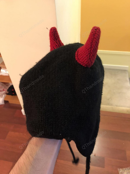 Knit Evil Devil Beanie Hat/Wool Winter Knitted Hat/Horn EarFlap Hanging Triangle Winter Hat /Crochet Wool Hat/Knit Beanies Bonnet Winter