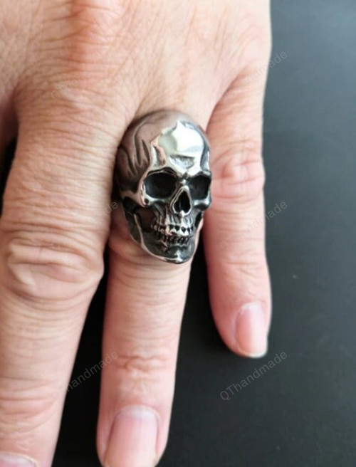 Calvarium Skull Ring, Gothic Stainless Steel Biker Motorbike Ring, Motorcycle Rings, Goth Jewelry, Human Head Halloween Accessories