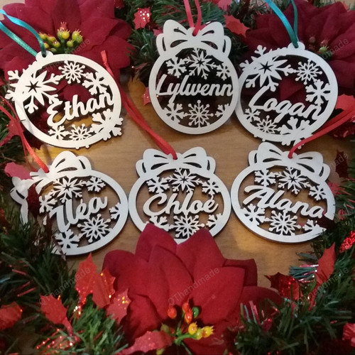 Wooden Christmas baubles, personalized name ornament, laser cut wood snowflake decoration, custom Christmas gift