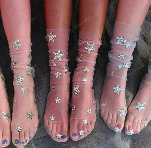 Christmas Winter Fishnet Socks Glitter Stars Socks/Winter Knitting Knee Socks Xmas Knit Wool Socks/Hoisery Thigh Long Stockings