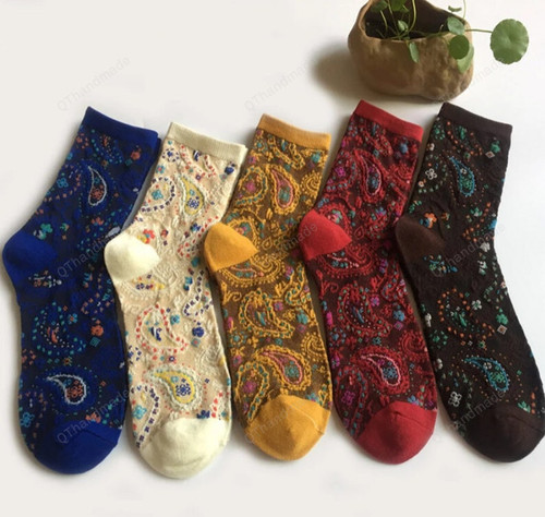 Christmas Winter Boho Mexico Cotton Socks/Retro Vintage Streetwear Crew Stockings/Hoisery and Socks/Cotton Long Sock/Custom Print Socks