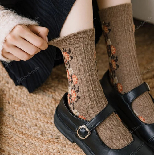 Ruffle Winter Embroidery Floral Cotton Socks/Christmas Vintage Cashmere Wool Thermal Socks/Hoisery and Socks/Cotton Long Sock/Print Socks
