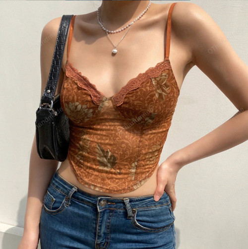 Floral y2k Camis Brown Crop Top Lace Frill Cute Corset Top Spaghetti Strap Sweats Harajuku Tee Top Women Beach Vests/Vintage Retro Clothing