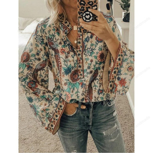 Plus Size Print Blouses Casual Loose Tops Stand V Neck Long Sleeves Button Pullover Female Tee Shirts Blouse/Summer beach clothing dress
