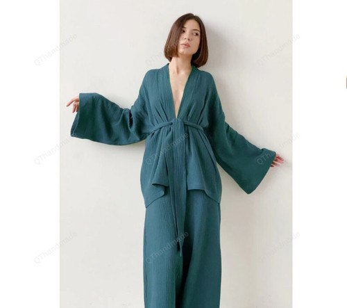 16 Colors 100% Cotton Women's Nightgown/Robe Pajama Set/Trouser Suits Drop Sleeves Set/Bathrobe Homewear For Women/Robe for bridesmaids