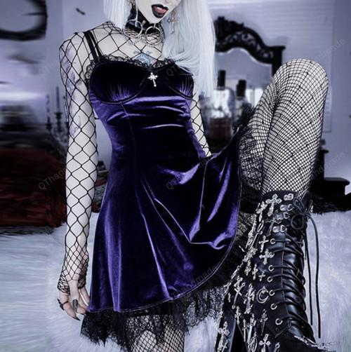 Velvet Gothic Sexy Black Purple Dress Vintage Lace Sleeveless Dress Cross Aesthetic Elegant High Waist Club Party Dress/Goth Dress