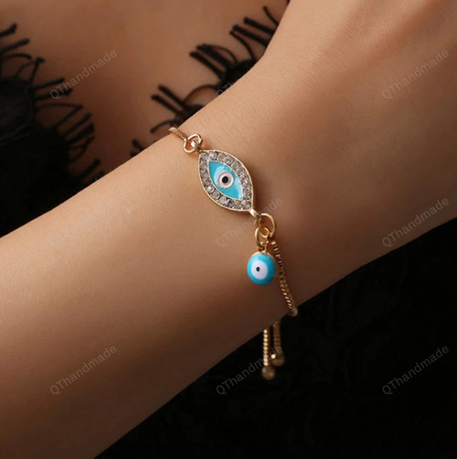 Turkish Lucky Blue Crystal Evil Eye Bracelets/ Handmade Gold Chains/ Lucky Jewelry Family Appropriate Gifts/ Protection bracelet/ Evil Eye