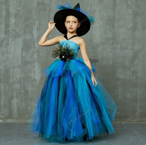 Peacock Feather Costume Girls Fluffy Layered Peacock Tutu Dress with Witch Hat Kids Pageant Party Ball Gowns Dresses/Baby Girl/Party Dress