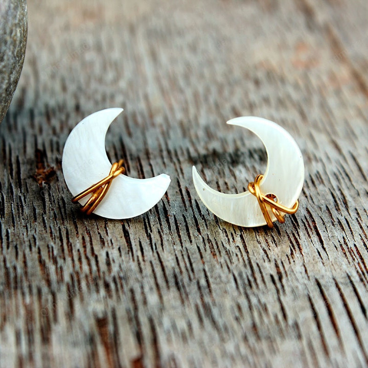 Wire Wrapped Crescent Moon Earrings/Half Moon Studs/Minimalist Celestial Jewelry/Moonbeam Quartz Posts Earrings/Wicca Witchy Earrings Gifts