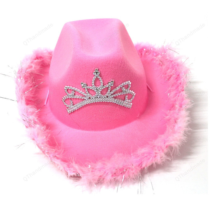 Light up Cowboy Hat with Tiara Feathers/Cowgirl Hat with Crown/Blinking Rhinestones/Rodeo Hat/Princess Beach Cowboy Hat Sequin Western Cap