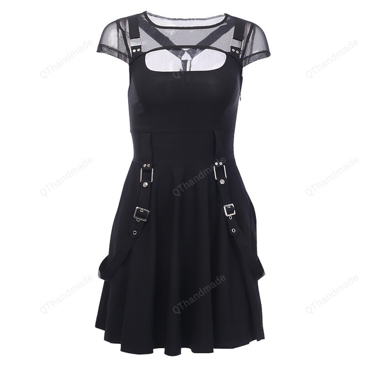 Sexy Mesh Hollow Out Black Mini Dress Gothic Vintage Bandage High Waist Dress Streetwear Punk Patchwork Dress/Goth Dress/Valentines Gift