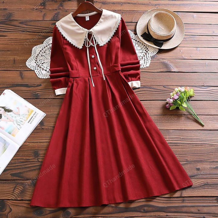 Peter pan Collar Dress/Dark Academia Clothing/Mori girl long sleeve vintage vestidos/Winter Literary Vintage A-Line Dress