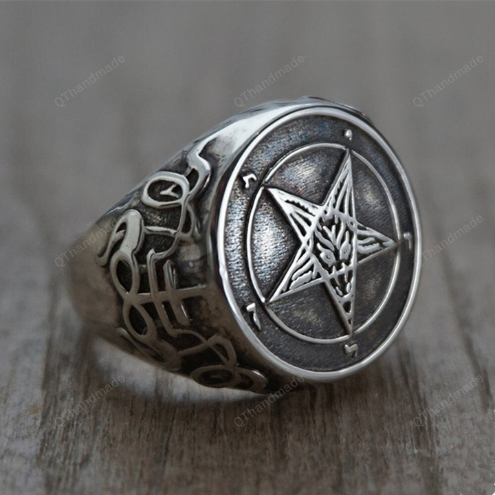 Occult Ring, Gothic Ring, Sigil of Baphomet Ring, Punk Jewelry, Witchy Biker Ring, Punk Gothic Style, Satan Cross Accessories, Father's Day Gift
