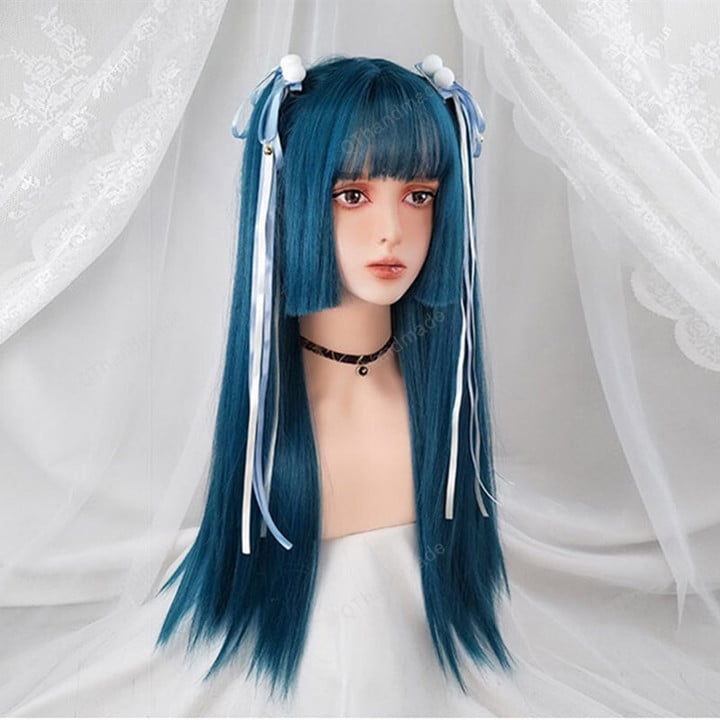 Wig for Women Synthetic Hair Dark Blue Long Straight Wig with Bangs for Women/Heat-resistant Lolita Costume spring clothing/Hair accessories