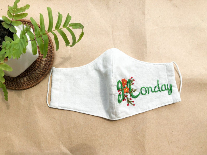 Monday Tuesday Wednesday Thursday Friday Saturday Sunday Days of the week embroidery mask/Hand embroidery linen mask/Filter pocket Washable