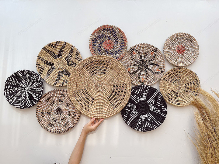 Set of 9 Boho Wall Basket Decor,Halloween Decor Wall,Seagrass Woven Wall Basket Plates, Handmade Decorative Bowl with Hook, Wicker Wall Tray