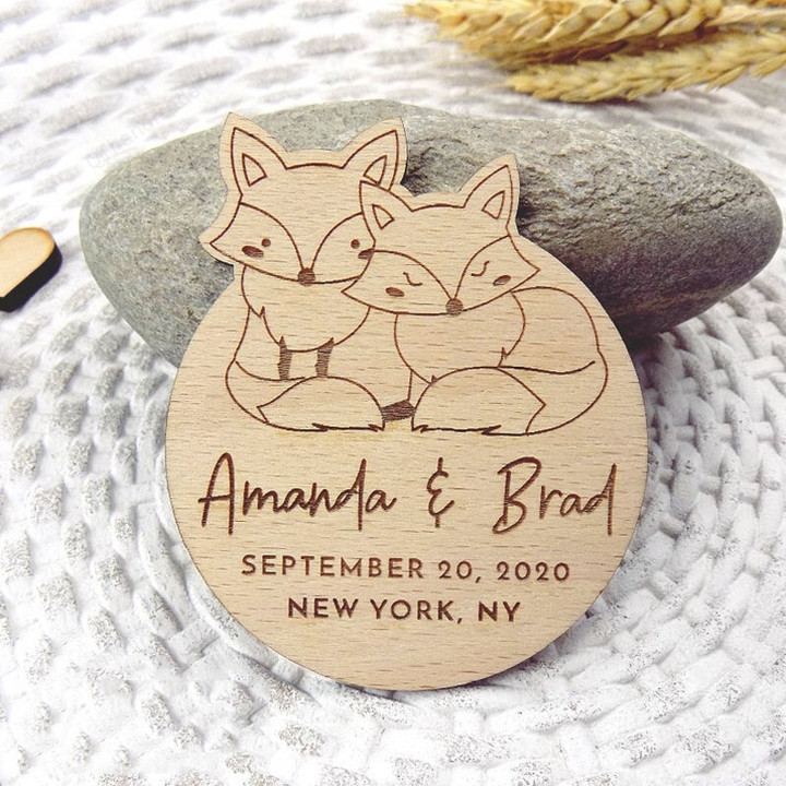 Fox Save the Date, Wood Save our Date Magnet, Rustic Wedding Card, Leaves Wedding Magnet, Custom Wooden Wedding Magnet