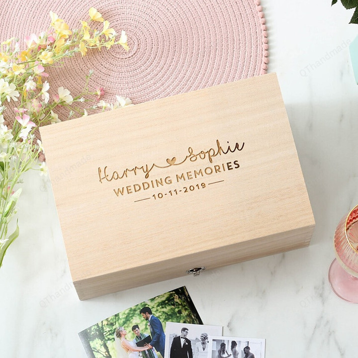 Personalized Wedding Guest Book With Hearts, Rustic Engrave Wedding Guest Book, Custom Name And Date Wooden Keepsake Box