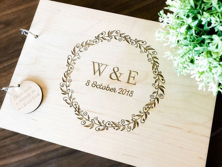 Personalised Engraved Initial With Wreath Design Wedding Guest Book, Custom Wooden Engagement Guest Book On Rings