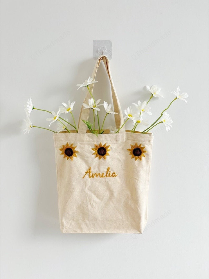 Personalized Name Tote Bag, Embroidery Sunflower Bag, Custom Embroidered Canvas Tote, Personalized Gifts Bag, Gifts For Her, Gifts For Mom
