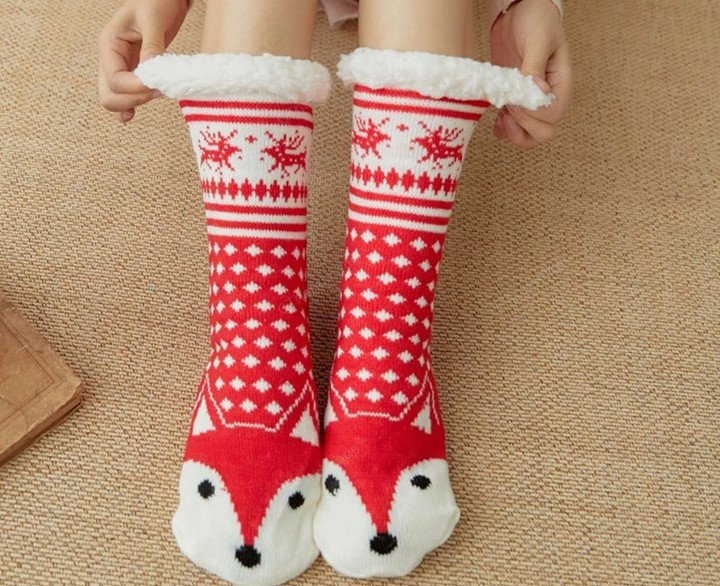 Super warm Christmas Winter Socks/ Red Fox Soft Plush Lined Socks/Winter Hoisery and Socks/Home Sleeping Socks Carpet Foot Socks/Room Sock