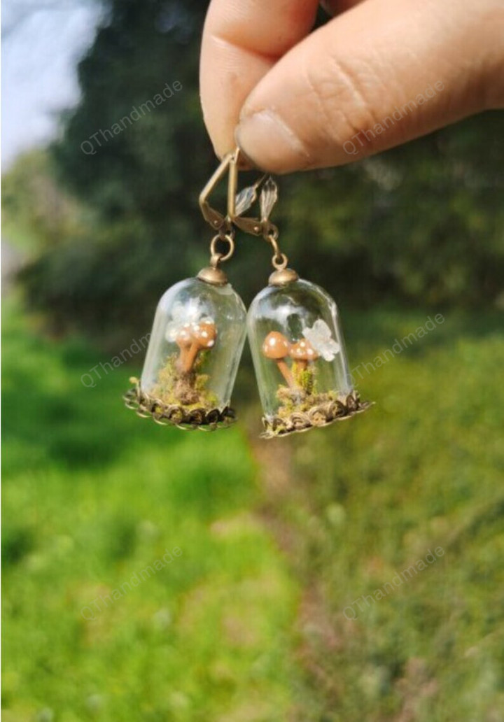 Fairycore Mini Mushroom Earrings, Mushroom Butterfly and Moss Jar Dangle Earrings/Celestial Metaphysical Jewelry/Boho Bohemian Drop Jewelry