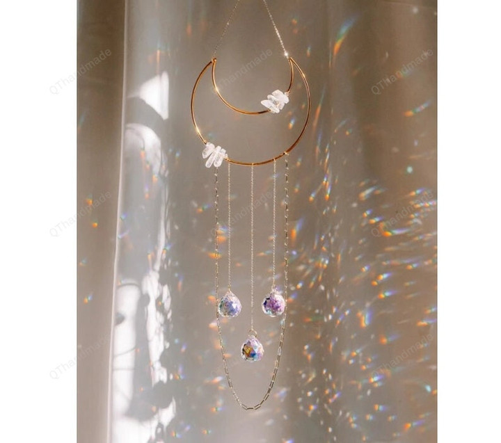 Quartz Crescent Moon Hoop Suncatcher/Geometric Crystal Prism Suncatcher/Rainbow maker/Home Window decor/light catcher /Hanging Crystal Prism