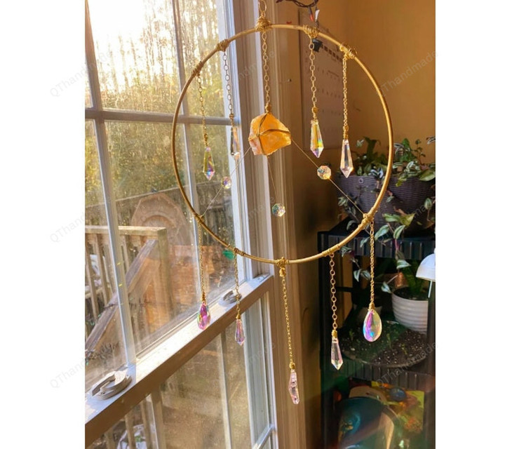 Large Hoop Orange Calcite Suncatcher/Geometric Crystal Prism Suncatcher/Rainbow maker/Home Window decor/light catcher /Hanging Crystal Prism