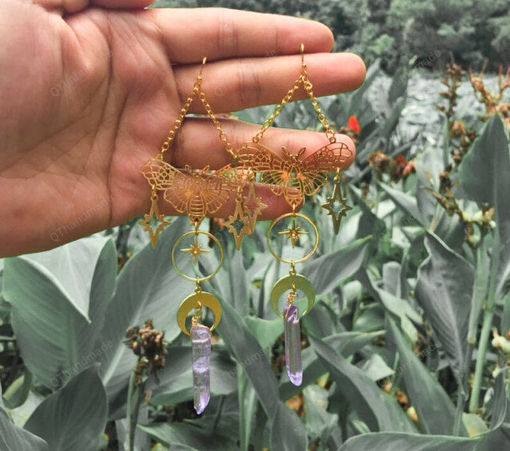 Handmade Celestial Moth Earrings/Crystal earrings/Hypoallergenic Boho Bohemian Earrings/Statement Earrings/Celestial Witch Healing Crystal
