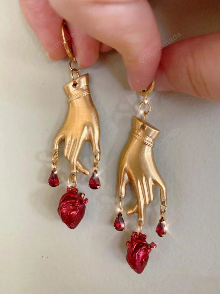 Bleeding Heart Dangle Earrings with Red Blood Drop/Witchy Gothic Vampire Spooky Boho Bohemian/Statement Earrings/Tarot earrings