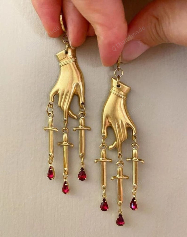 Gold Drop Earrings/Red Sword Dagger Hand Dangle Earrings/Witchy Gothic Vampire Spooky Boho Bohemian/Statement Earrings/Witch Healing Crystal