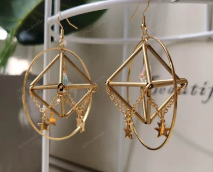 Geometric Suncatcher Earrings/Astrology Earrings/Celestial Earrings/Boho Earrings/Celestial Witch Healing Crystal/Crescent Moon Earrings