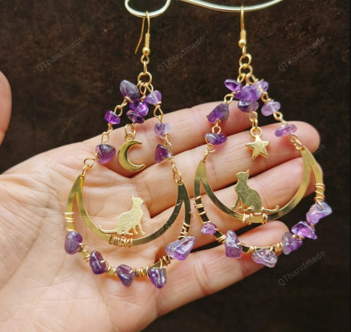 Amethyst Quartz Protection Sun Moon Cat Dangle Earrings/Fairycore Celestial Earrings/fairy Earrings/Boho Earrings/Witchy Statement Earrings