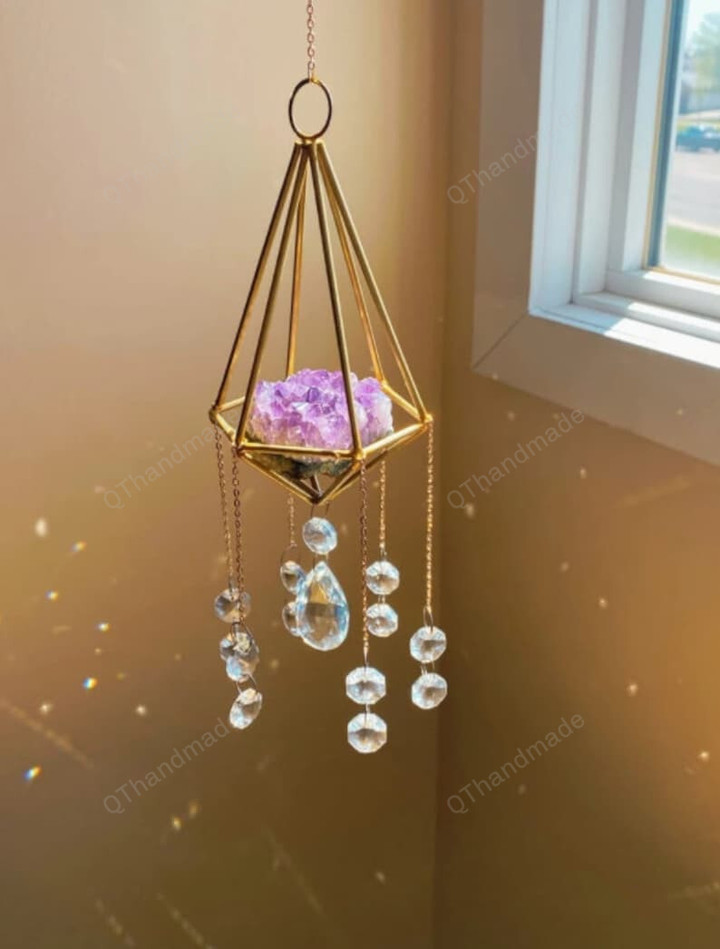 Geometric Amethyst Cluster Sun Catcher/Witchy Suncatcher/Boho Decor/Rainbow Maker/Hanging Crystal Prism/Crystal Suncatcher/Room Decor